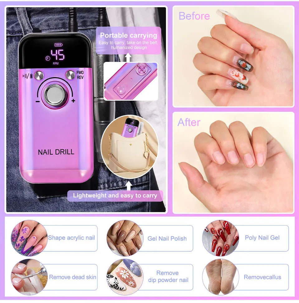 45000RPM Electric Nail Drill Machine Professional Nail Drills for Gel Nails Polish Rechargeable Portable Nail File Manicure Tool