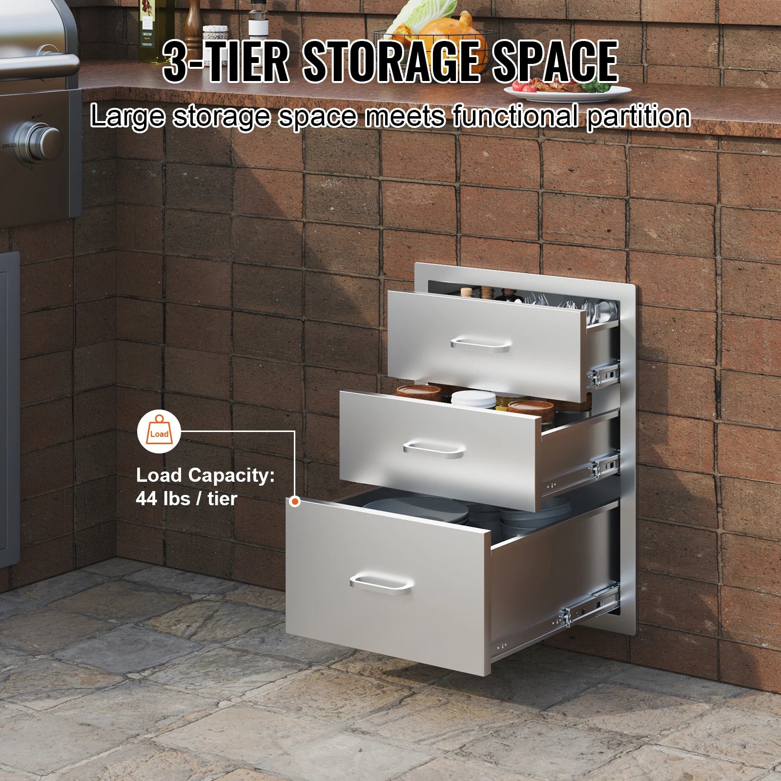 SucceBuy StainlessSteel Outdoor Kitchen Drawer With Handle Triple Layer forBBQIsland Grilling Cabinet Storing Cookware Tableware