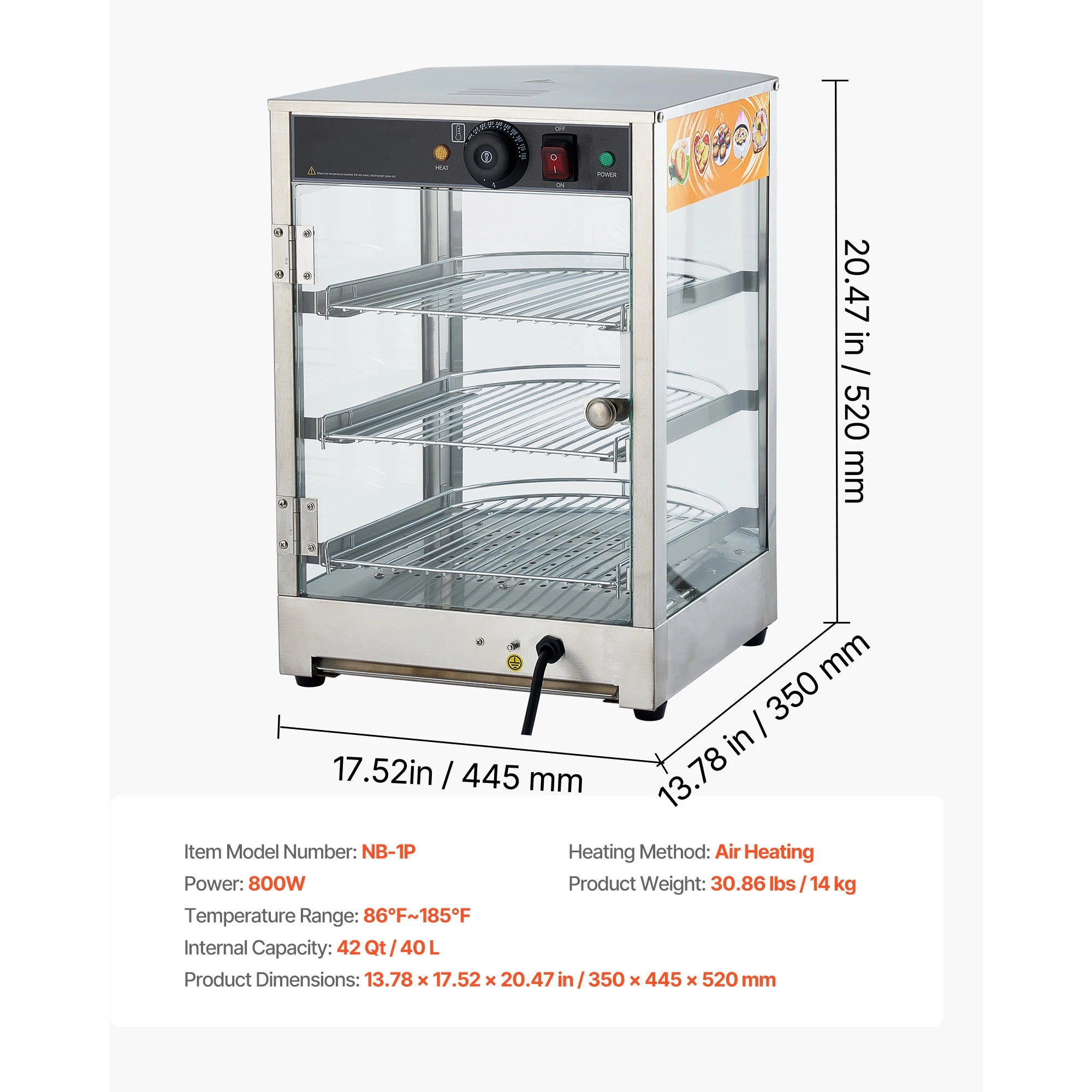 Commercial Food Warmer Display 800W with LED Light and Adjustable Stainless Steel Shelf