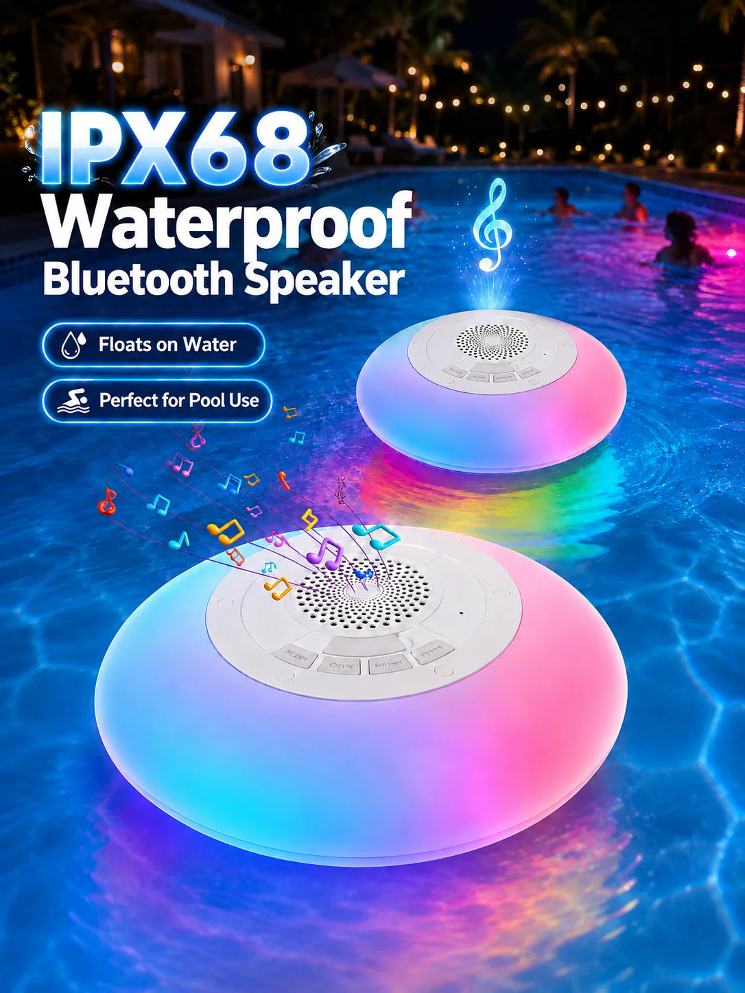 Bluetooth Pool Speaker with Colorful Lights, Portable Floating Wireless Speaker IPX68 Waterproof, Built-in Mic, Home, Hot Tubs