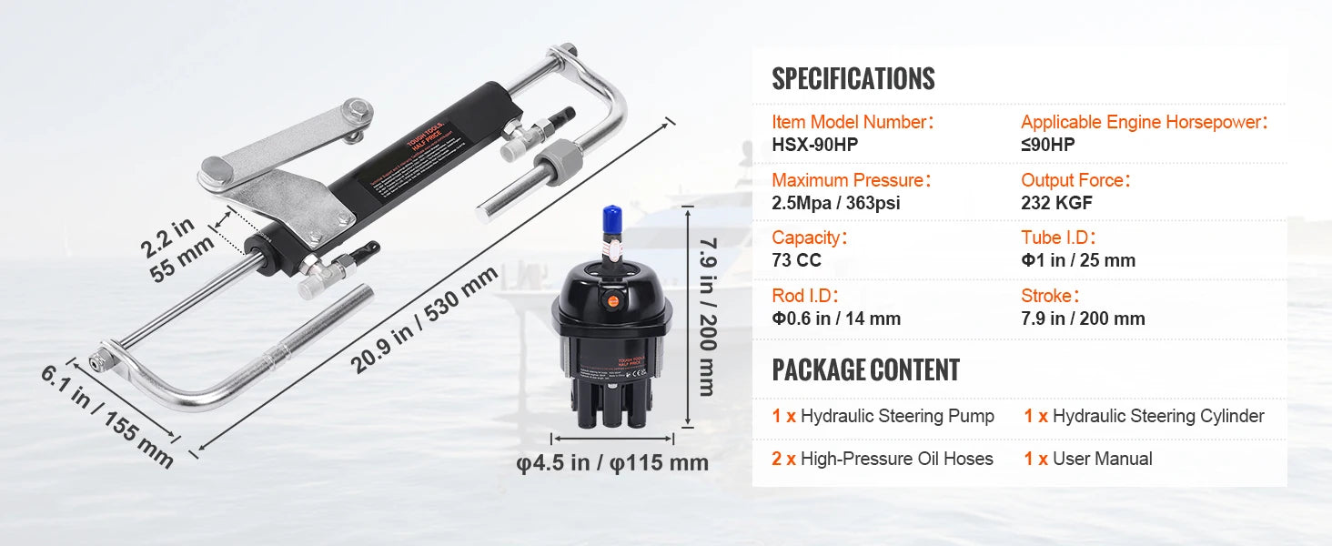 Kit de dirección hidráulica para motor fuera de borda 90–300HP con bomba y mangueras de 24FT/26FT
