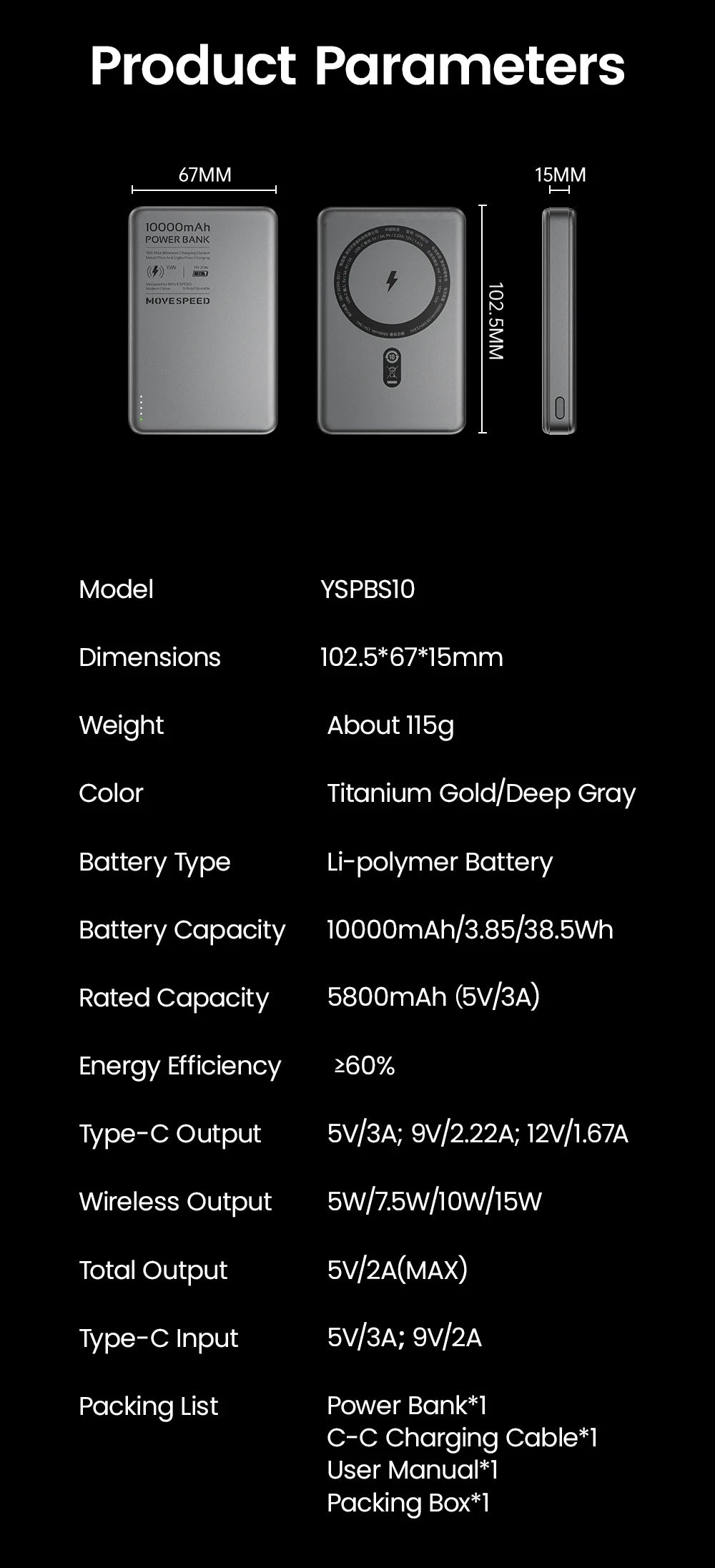 MOVESPEED S10 Magnetická 10000mAh Power Banka