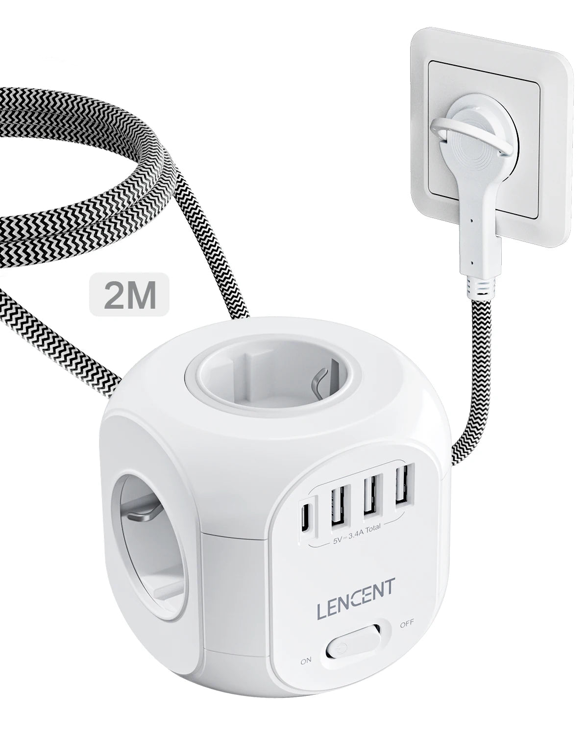 LENCENT EU Plug Power Strip with 4 AC Outlets 3 USB Port 1 Type C 2M/3M Braided Cable Multi Socket with Switch for Home