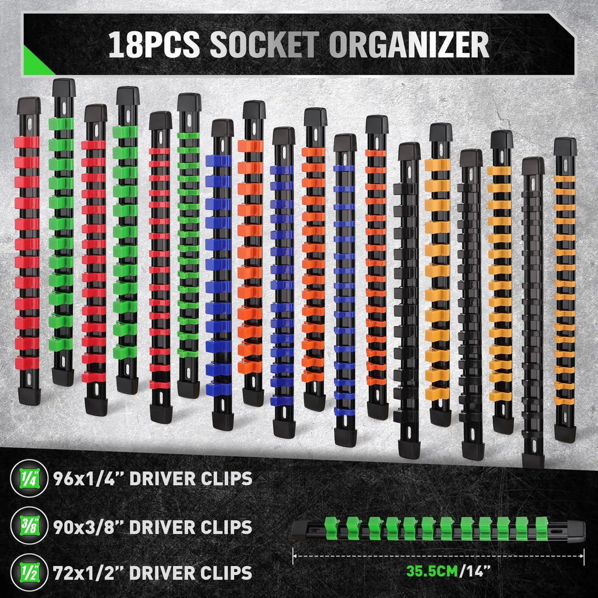 Socket Organizer Set 1/4-Inch 3/8-Inch 1/2-Inch Socket Organizer for Tool Box Drawer Drive Socket Trays, Socket Holder Clip Rail