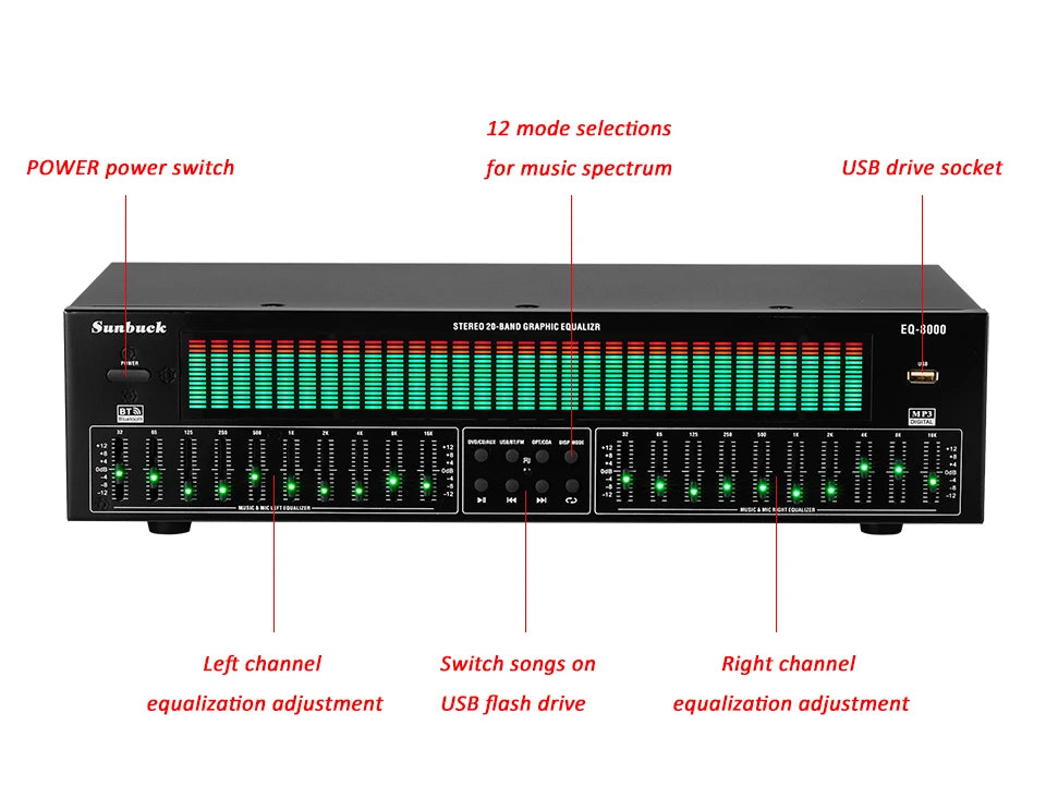 Stereo 20 Band Graphic Equalizer BT5.4 EQ8000 Music Spectrum Analysis 220V New Audio Player with EQ for Music Lovers