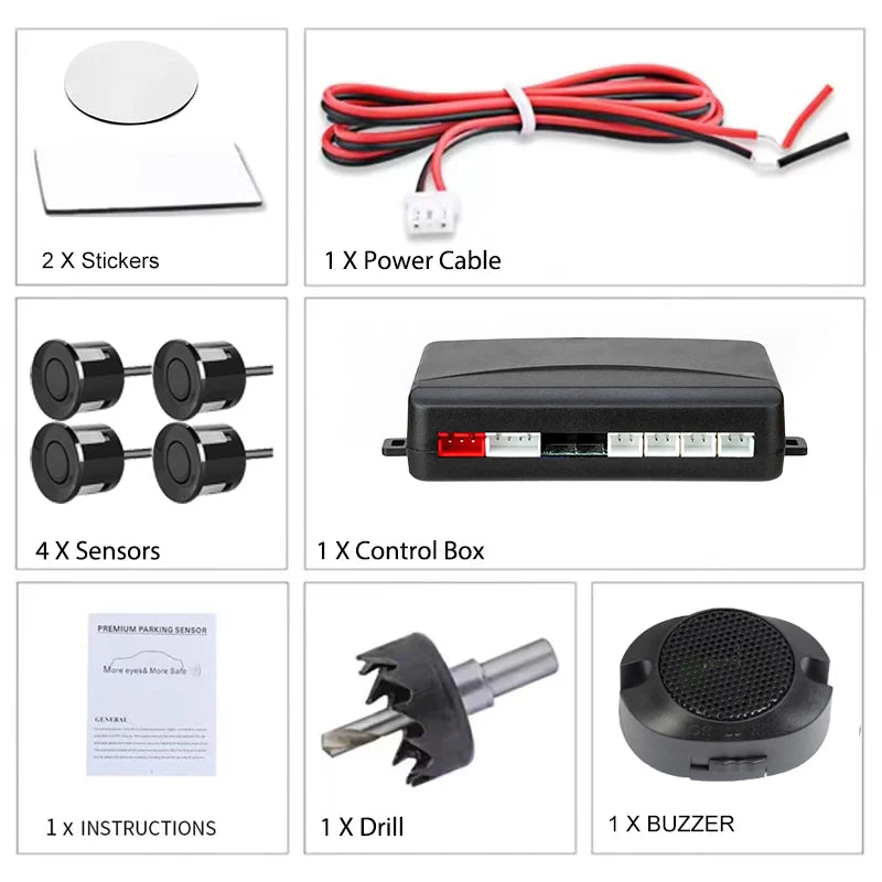 12V Four-Sensor Parking Kit with Buzzer, 22 mm Sensors