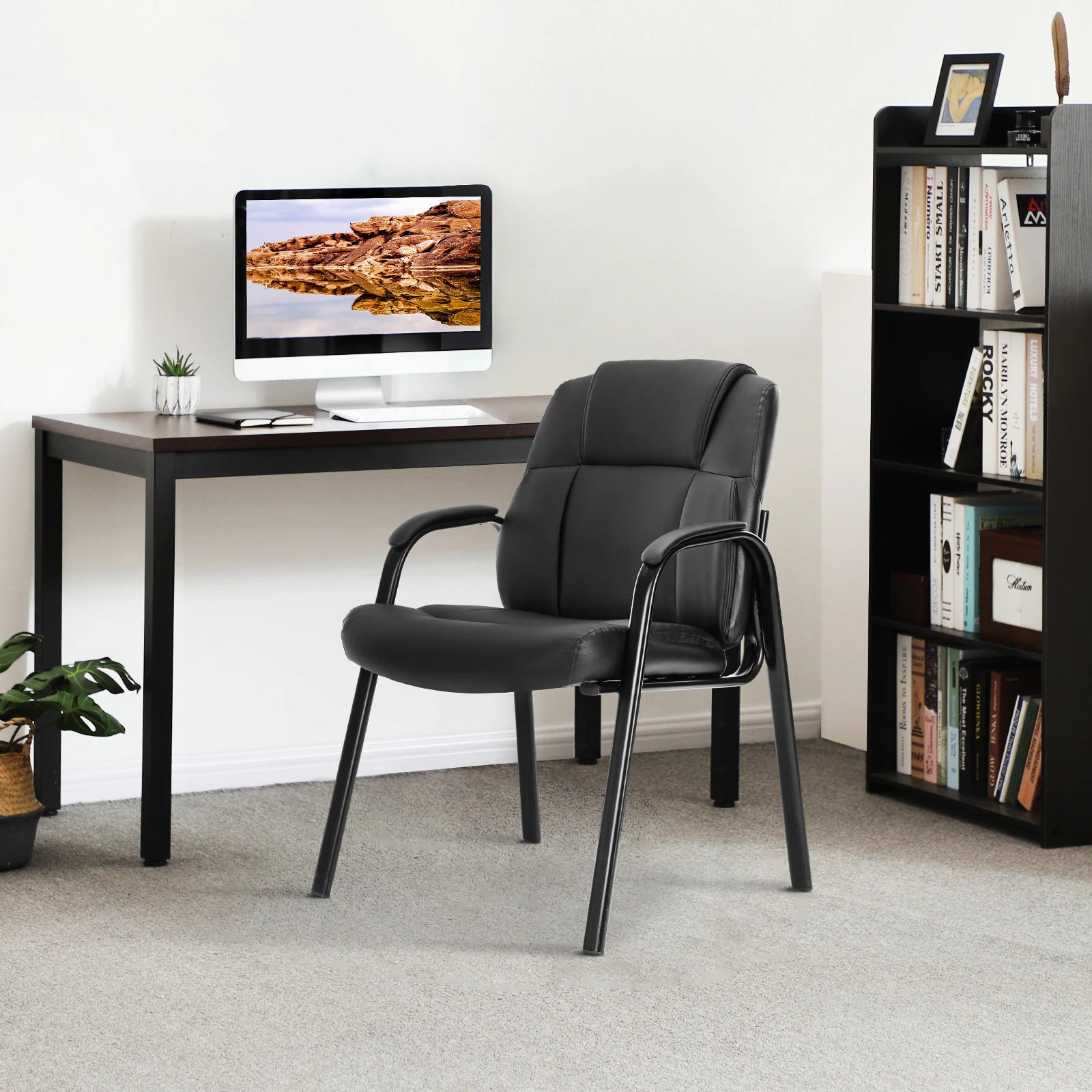 PU Leather Padded Office Guest Chair with Armrests and Metal Frame