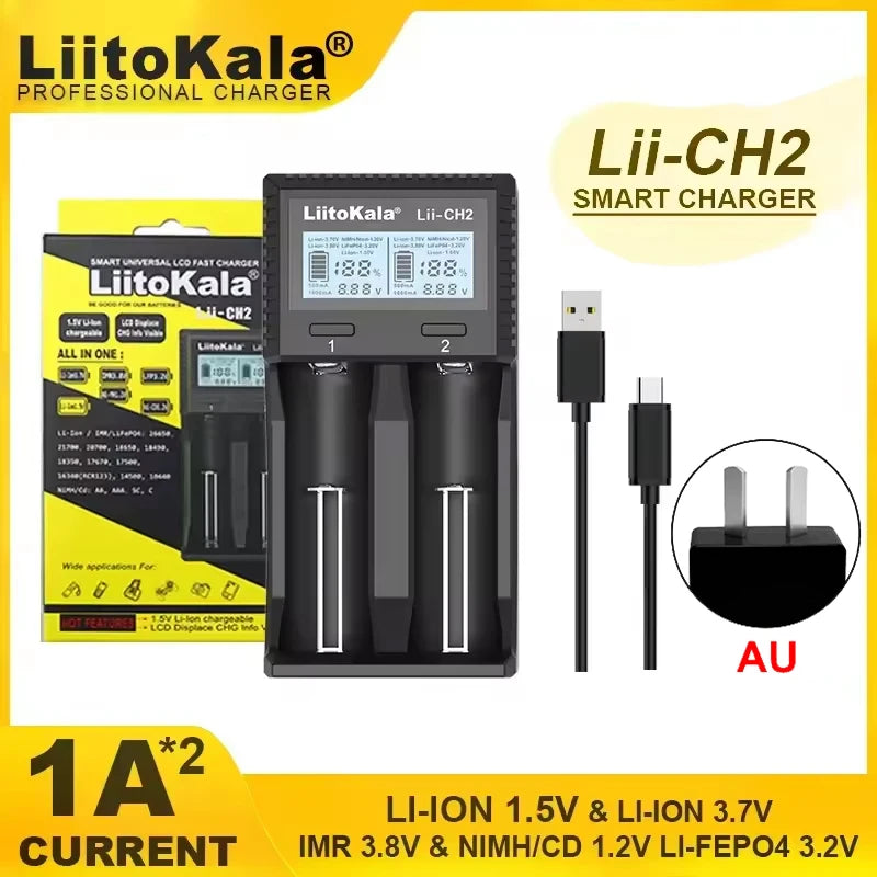 شاحن بطاريات ذكي متعدد الوظائف CH2، بشاشة LCD مزدوجة الفتحات، يدعم بطاريات Li-ion بجهد 1.5V و3.7V و3.8V وLiFePO4 وNi-MH، وبطاريات AA وAAA و18650