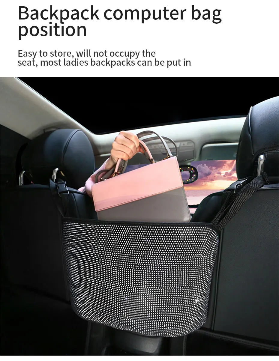 SEAMETAL Bling Center Console Organizer Shiny White Rhinestone Car Storage Bag for Lady Crystal Diamond Auto Handbag Holder