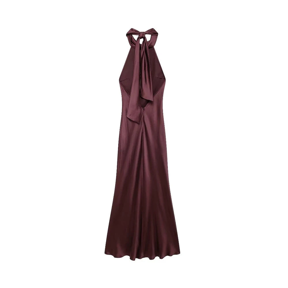 Women's Long Satin Halter Dress, Backless, Bow Tied, Back Zipper, Female Dresses, Sexy Fashion