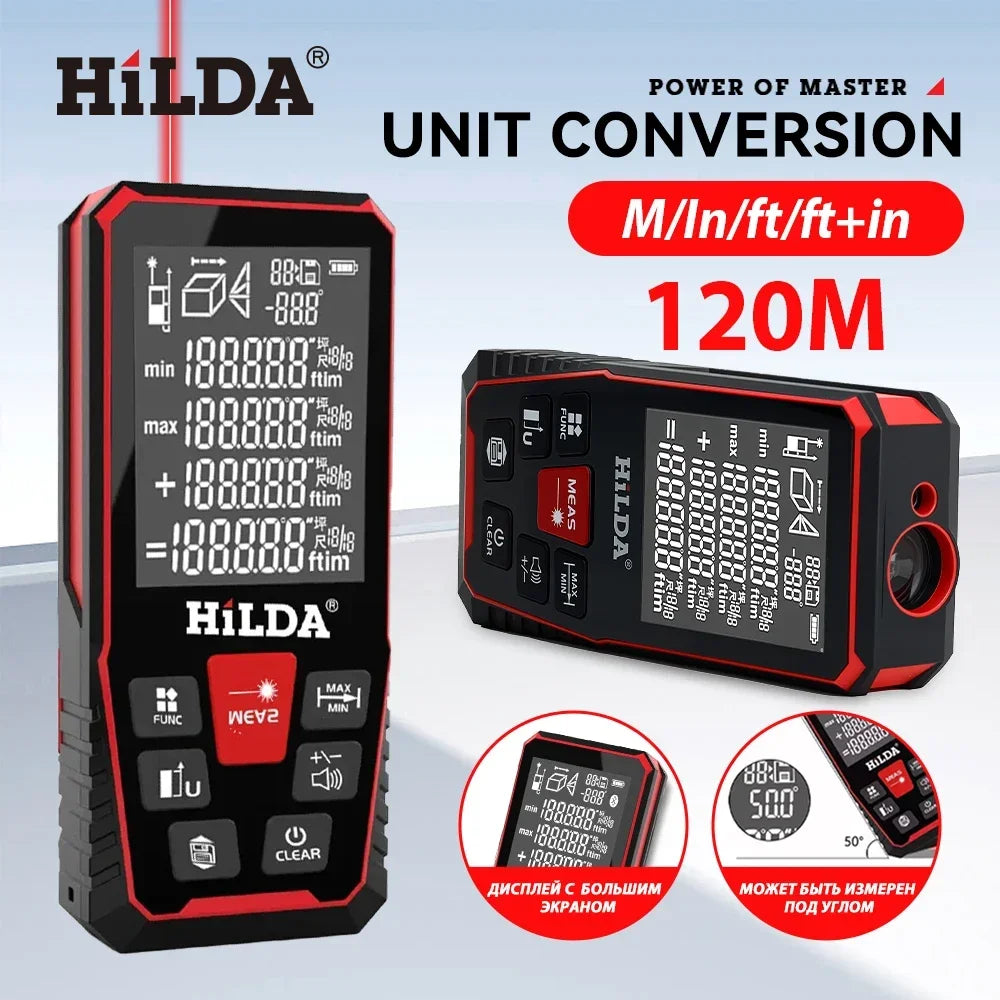 HILDA Laser Distance 50M/100M/120M Rangefinder Profesional Meter Laser Range Finder Ruler Test Tool