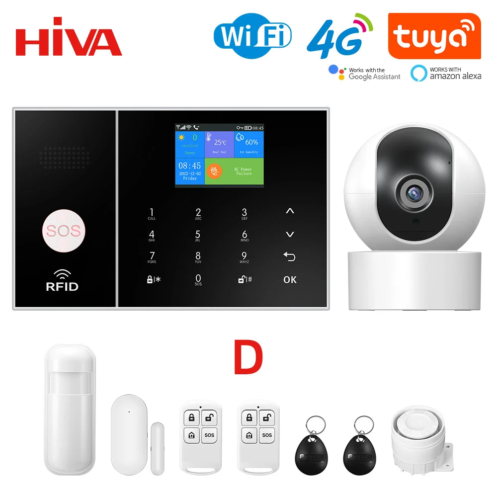 HIVA 4G Security Alarm System For Home WiFi Tuya Smart Life App Control Burglar Alarm Kit Work With Alexa With Pir Door Sensor
