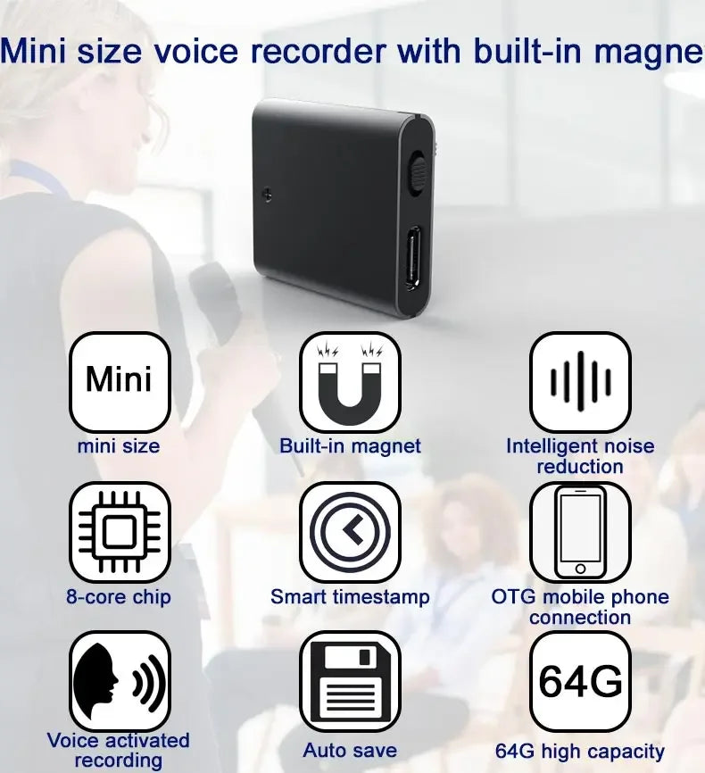 Mini Voice Activated Recorder with OTG Phone Connection & Magnet