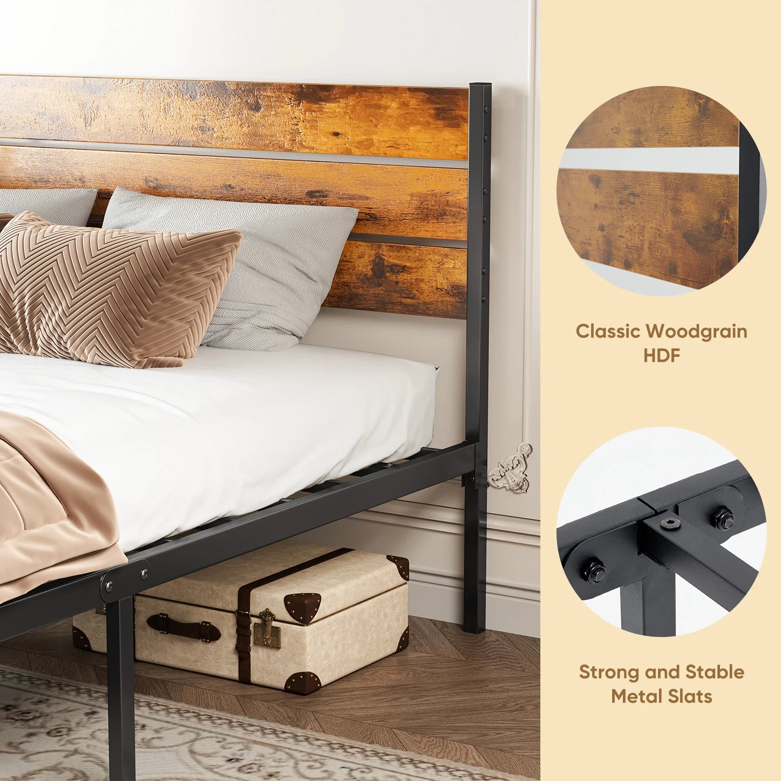 Metal Platform Bed Frame with Wooden Headboard, No Box Spring Needed