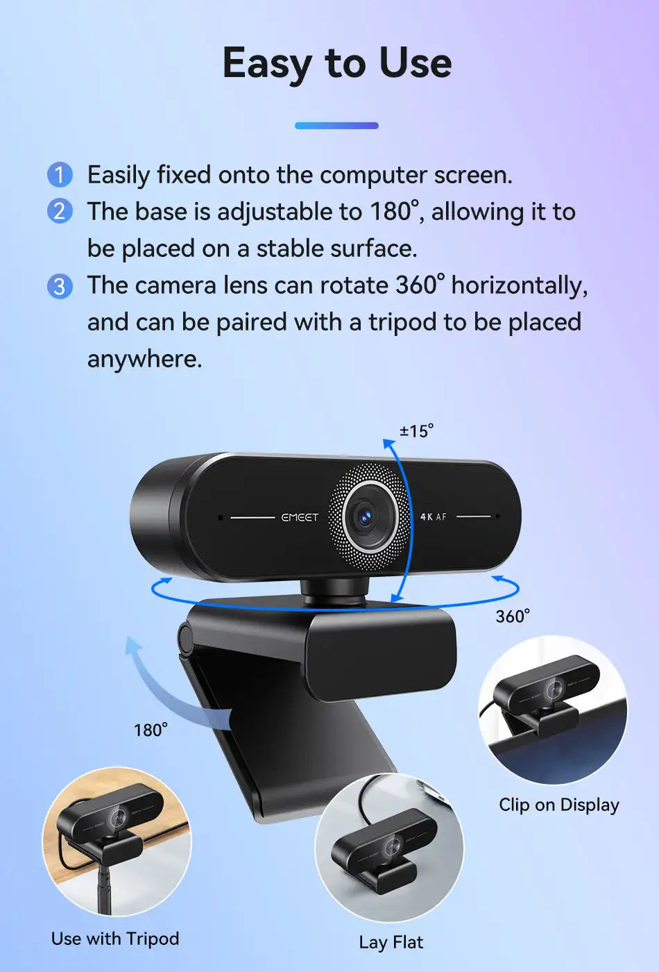 4K USB Webcam with Autofocus, Dual Microphones & Privacy Cover