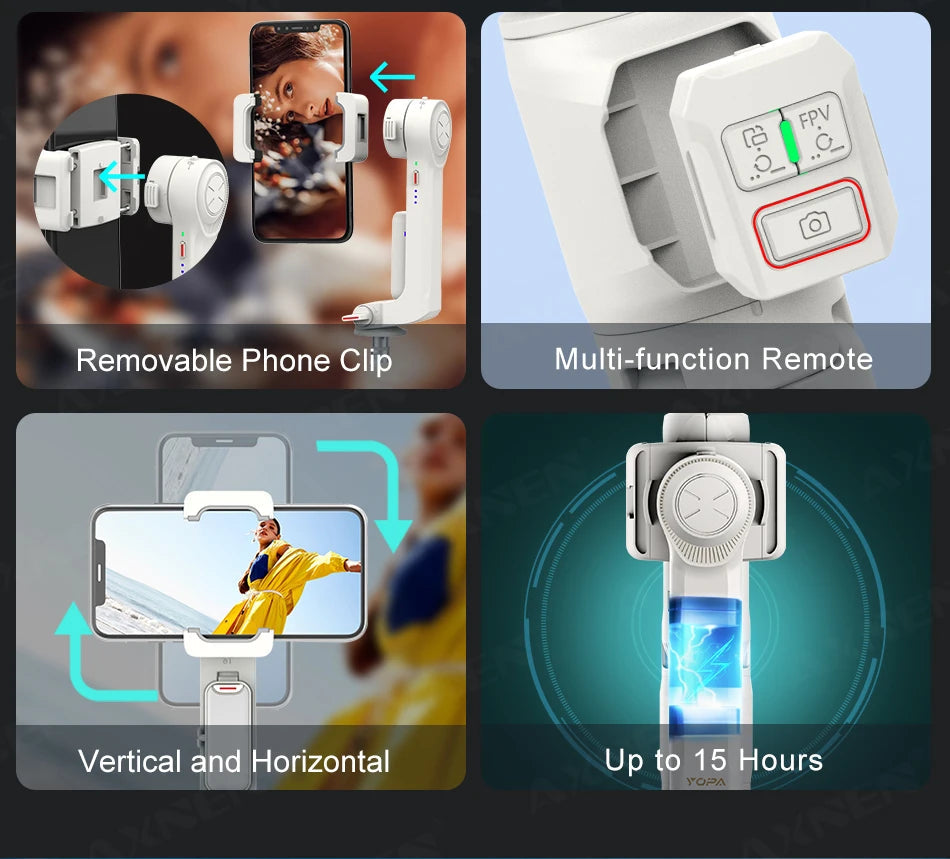 AXNEN A10 Handheld Gimbal Smartphone Stabilizer with Fill Light Extension Rod Remote Cellphone Selfie Stick for iPhone Samsung