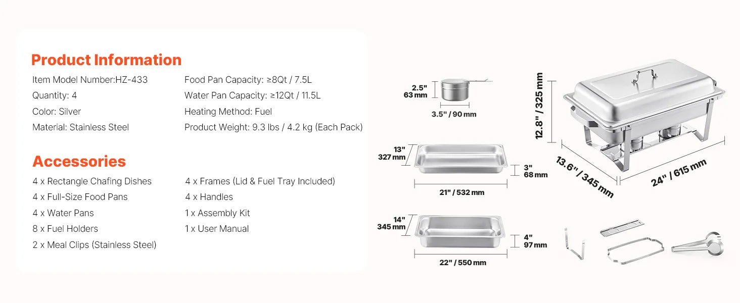 8 Qt Chafing Dish Buffet Set 4 Pack with Full & Half Pans