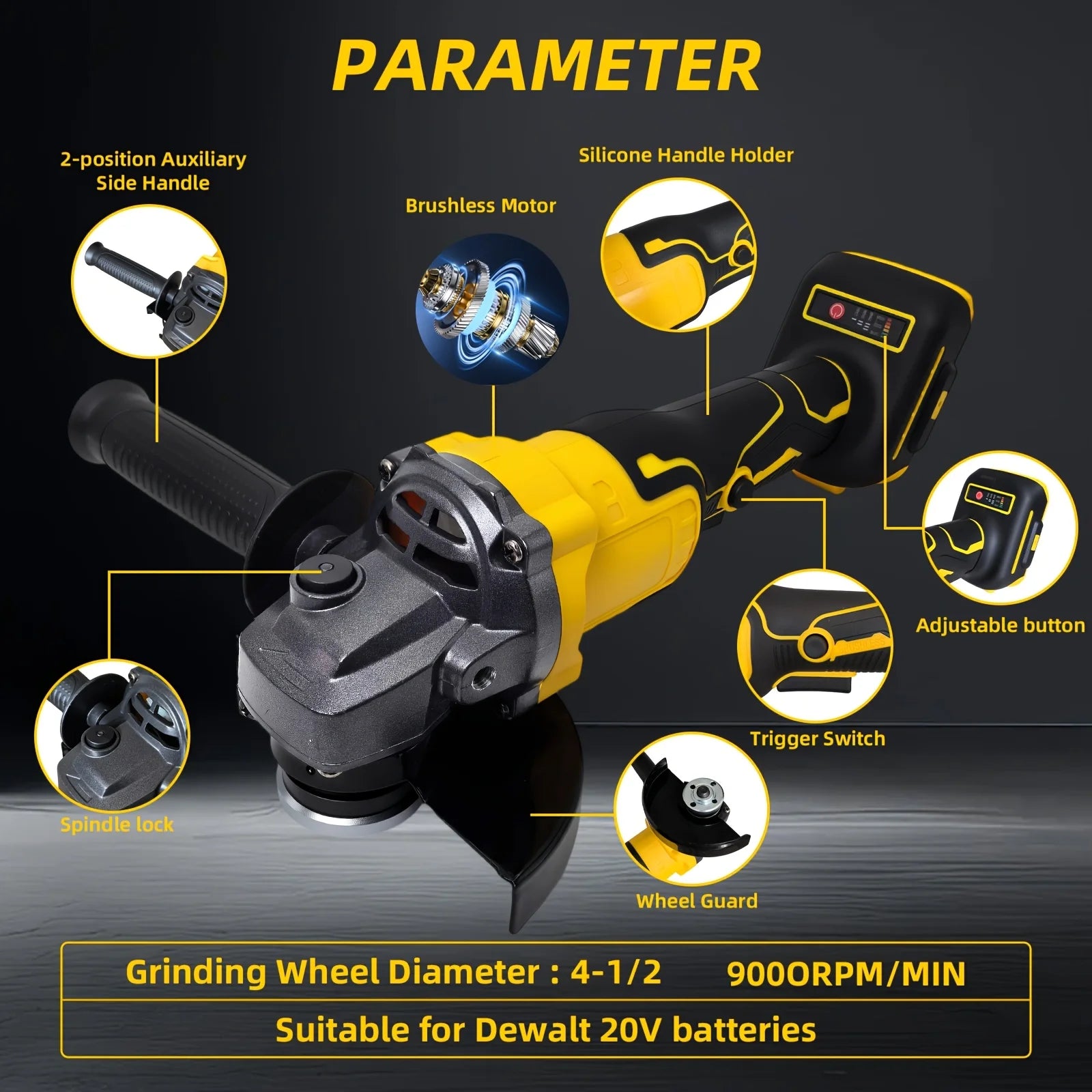 Cordless 5" Angle Grinder for Dewalt 20V Battery, 3 Speeds