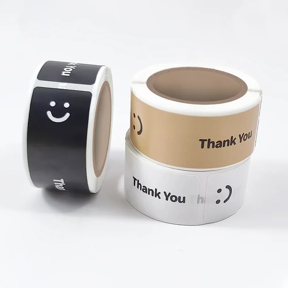 120Pcs/roll Smiling Face Black and White Thank You Rectangular Seal Sticker Gift Sticker for Homemade Packaging Decoration Label