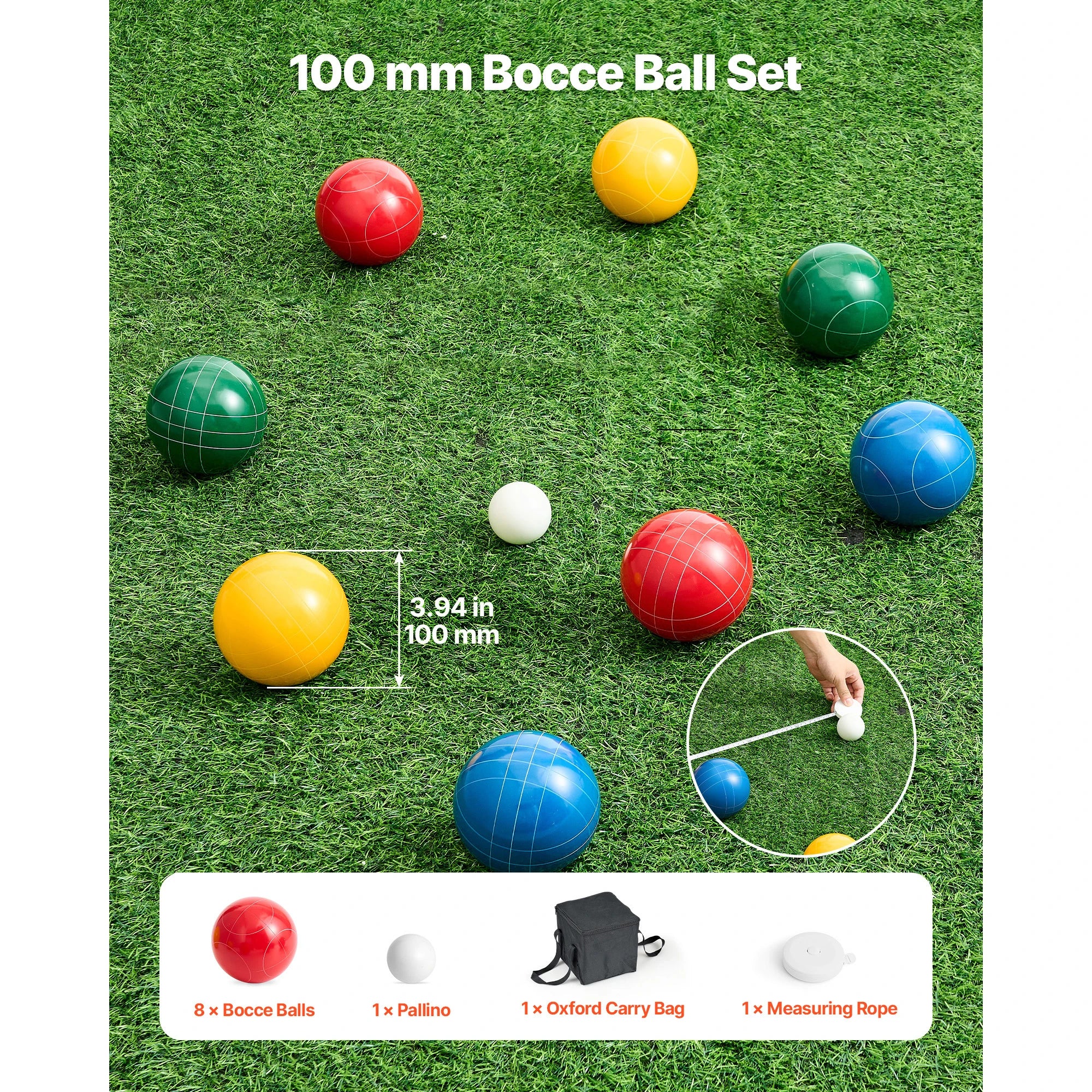 SucceBuy Bocce Ball Set 8 Resin Balls with Pallino Carry Bag and Measuring Rope Multi Color for Beach Lawn and Backyard Games