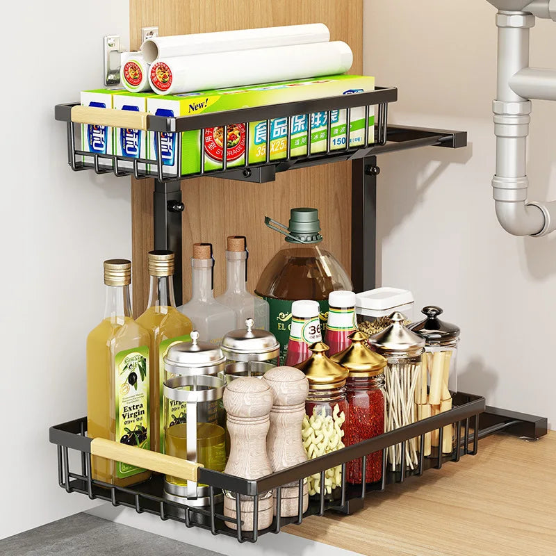 2‑Level Metal Storage Rack Under the Sink with Sliding Drawer
