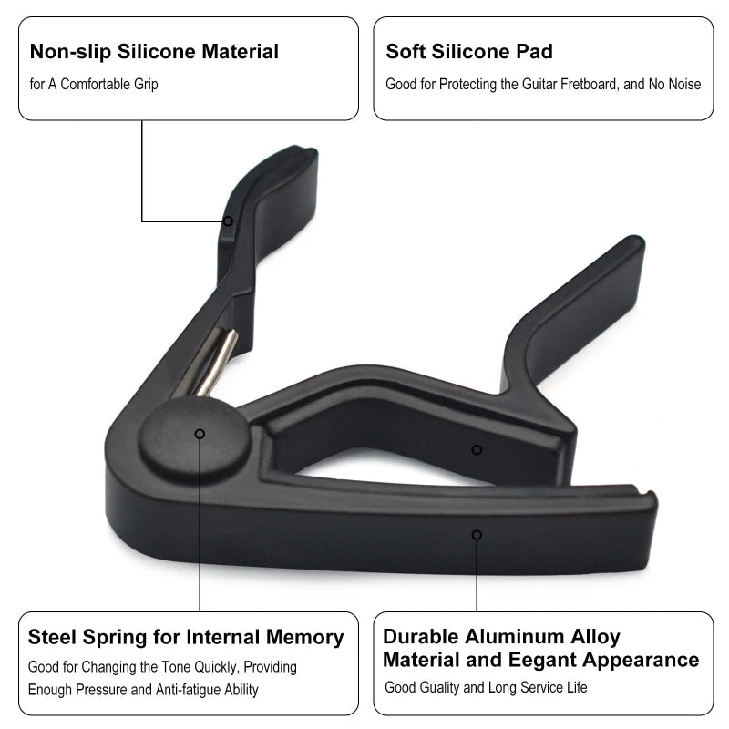 Metal Guitar Capo in Black or Silver, with 6 Guitar Picks