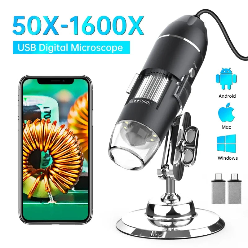 1600X USB Digital Microscope 1080P HD, Soldering Microscope with 8 Adjustable LEDs & Metal Stand, UVC Otg Compatible with