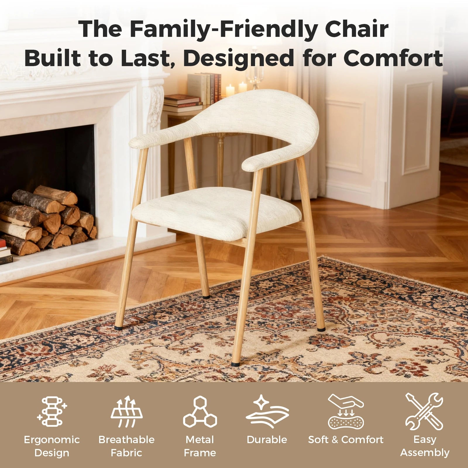 Modern Linen Upholstered Dining Chairs Set of 2 with Curved Back