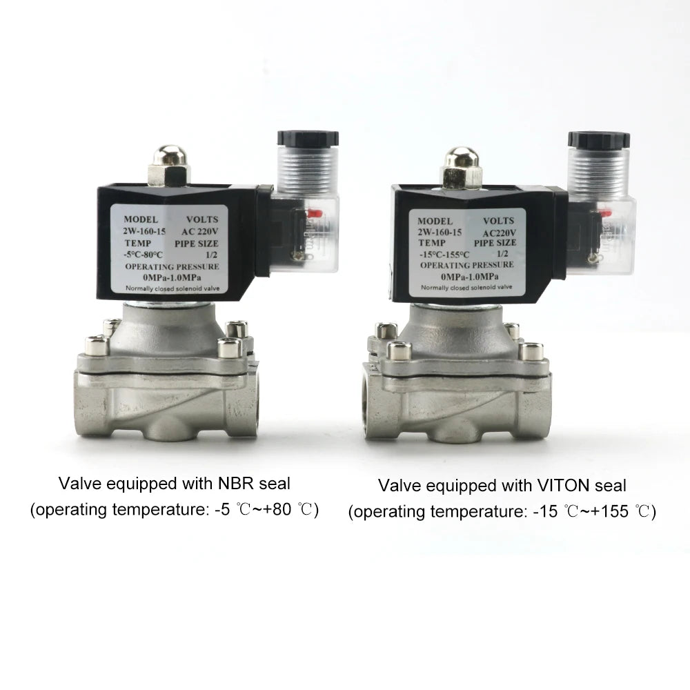 Normalt lukket magnetventil i rustfritt stål, AC 110 V/220 V/24 V, 1/2" 3/4" 1", elektromagnetisk vannventil med IP65-spole, DC 12 V