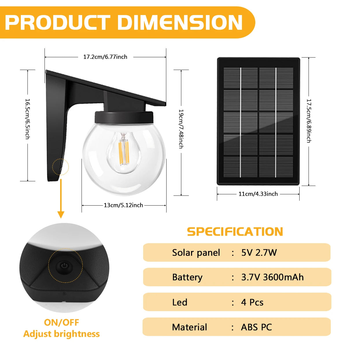 Lámpara solar de pared con bombilla LED E27, IP65, dos modos