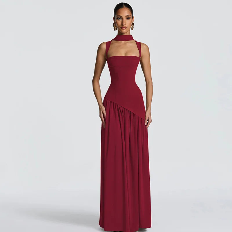 Elegant Sleeveless High Waist Slit Dress with Belted Sash