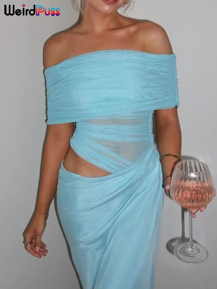 Weird Puss Ruched Irregular Dress Women Mesh Patchwork Slash Neck Short Sleeve Skinny Stretch Trend Elegant Long Bodycon Outfits