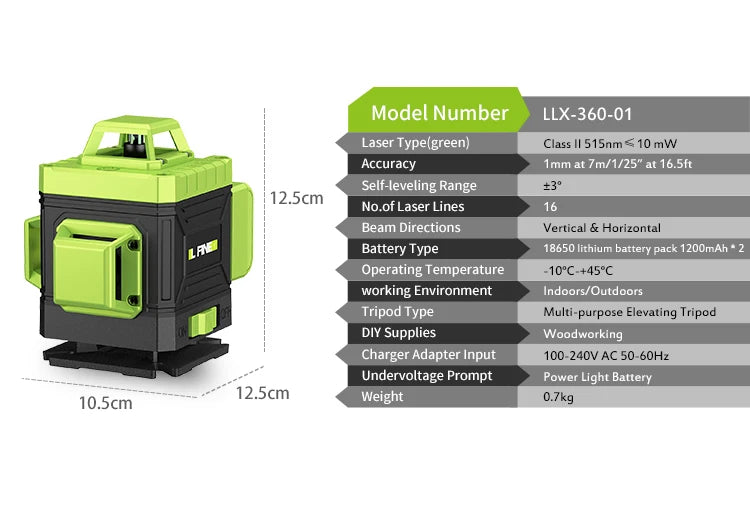 16‑Line Laser Level with 360° Green Beam Projection
