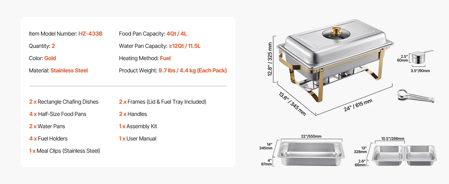 8 Qt 2-Pack Chafing Dish Buffet Set with 4 Full Size Pans