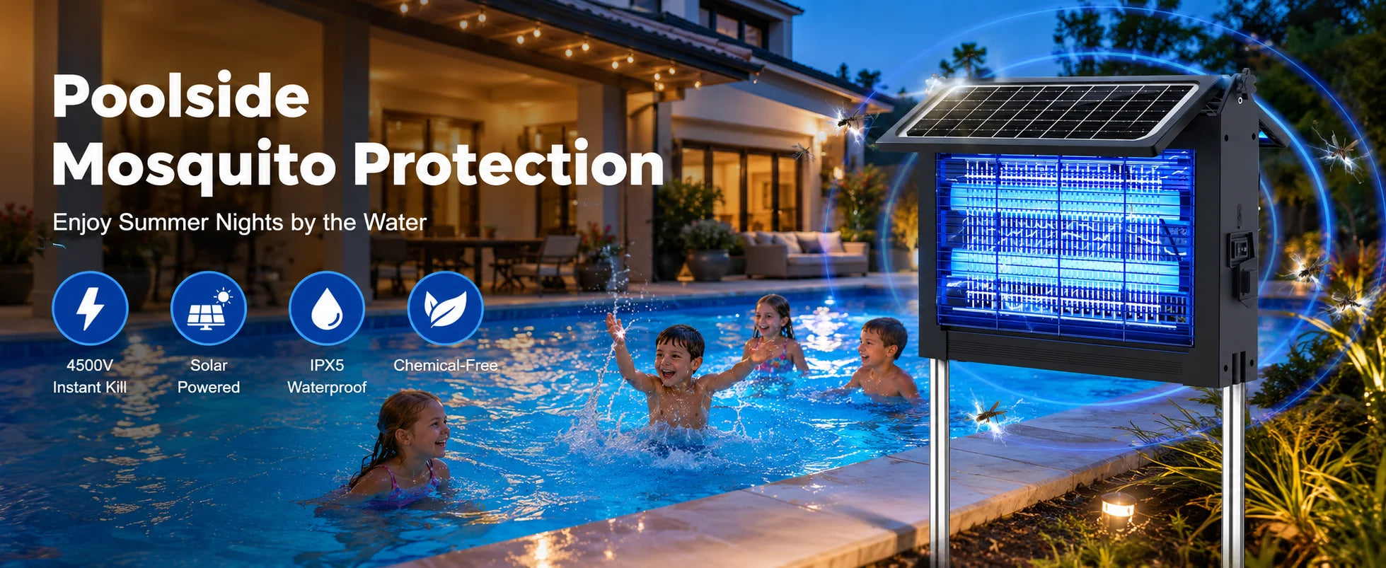 Solar Bug Zapper 4500V med dobbelte paneler og USB, IPX5 til udendørs brug