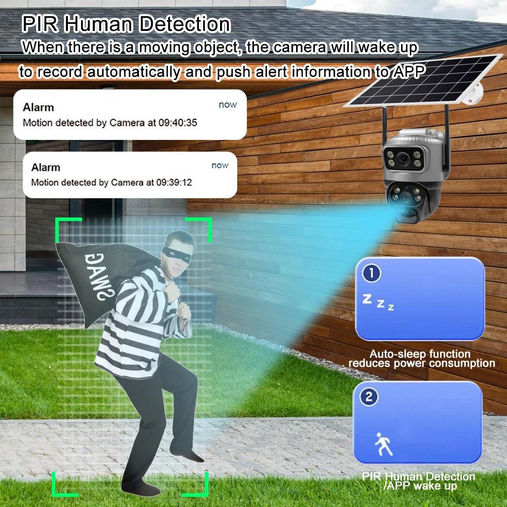 8MP 4K Solar Camera 4G Wifi Outdoor Dual Lens PIR Human Detection Night Vision Waterproof Security Solar Battery CCTV Monitor