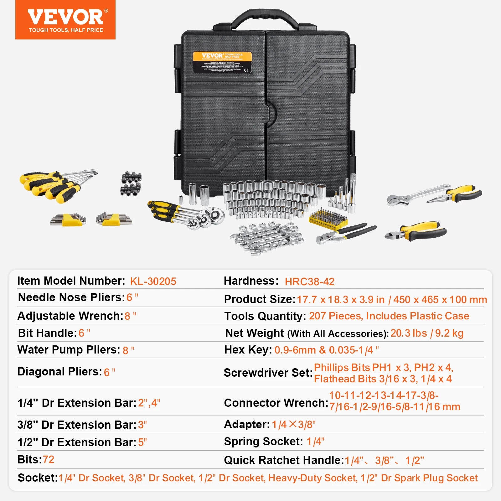 221-Piece Mechanics Tool Set SAE & Metric with Ratchet & Bits