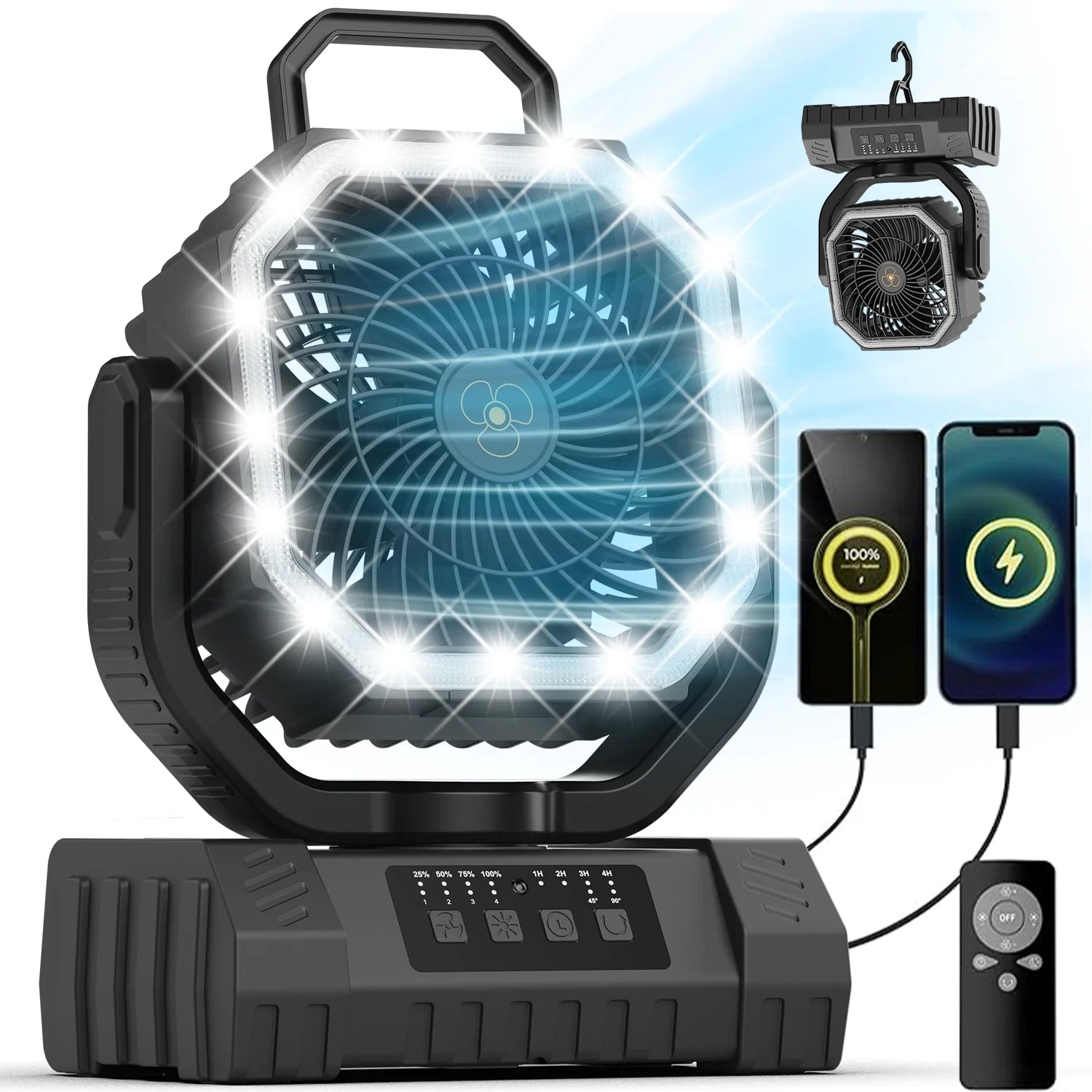 20000mAh Rechargeable Camping Fan with Auto Oscillation, Remote, Timer and LED Lantern