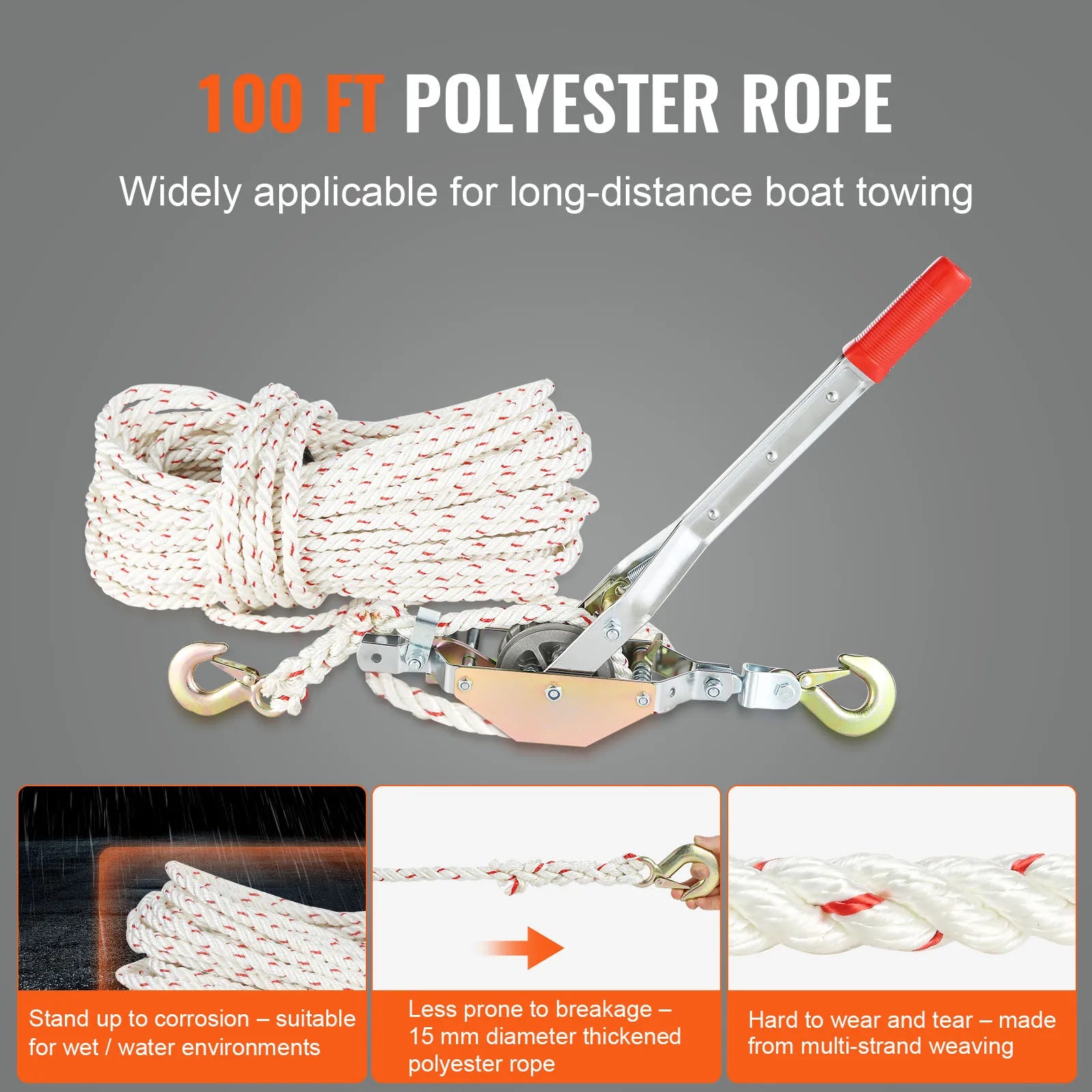 Heavy Duty Rope Puller 1653 lbs with 100 ft Rope & Dual Hooks