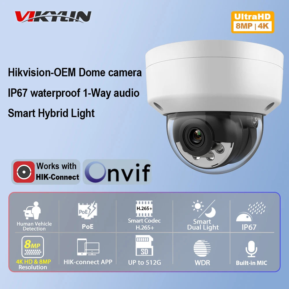 Vikylin Hikvision OEM Dome IP Camera 5/8MP Smart Hybrid Light MD2.0 Outdoor IK10 Video Surveillance Home CCTV Security Camera