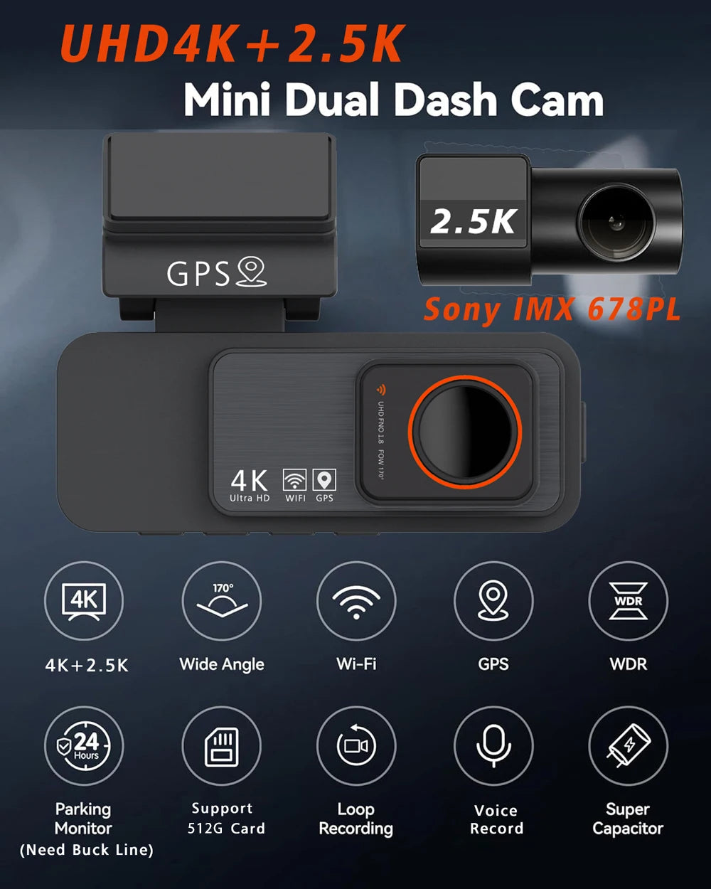 Dash Cam Dual Lens 4K UHD Recording Car Camera DVR Night Vision Video Recorder GPS Wi-Fi Room Black Box 2.5K Rear View Camera