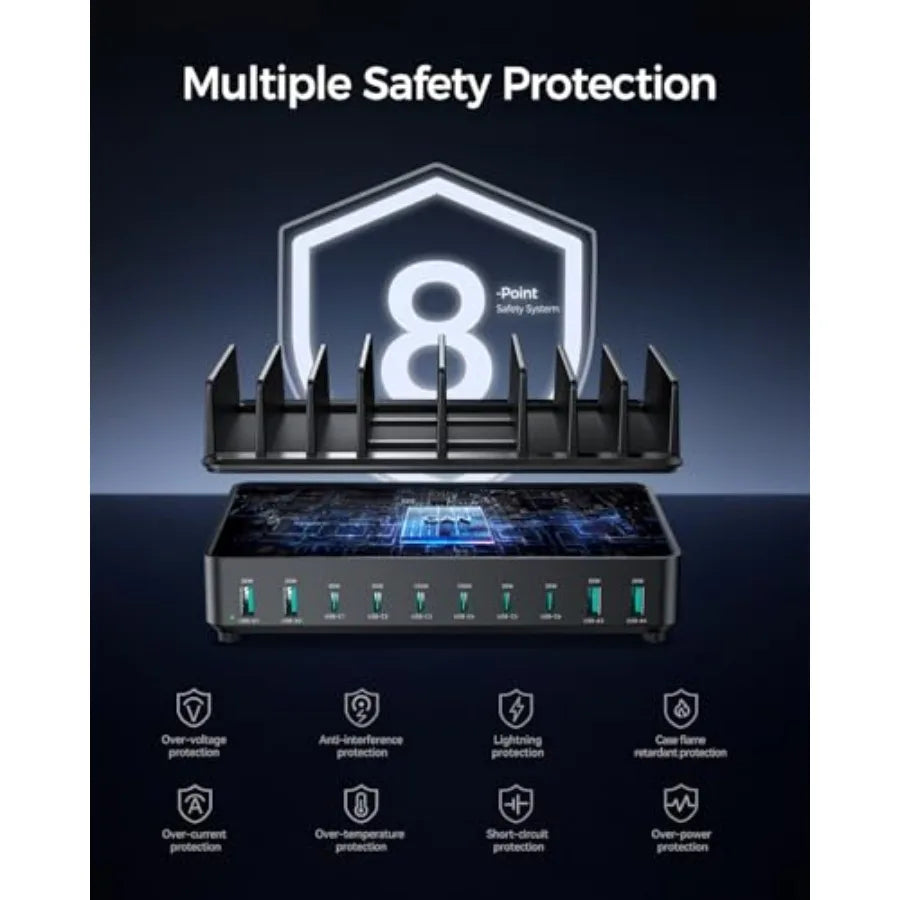 10 Port USB Charging Station with Dual 100W Type-C and Organizer