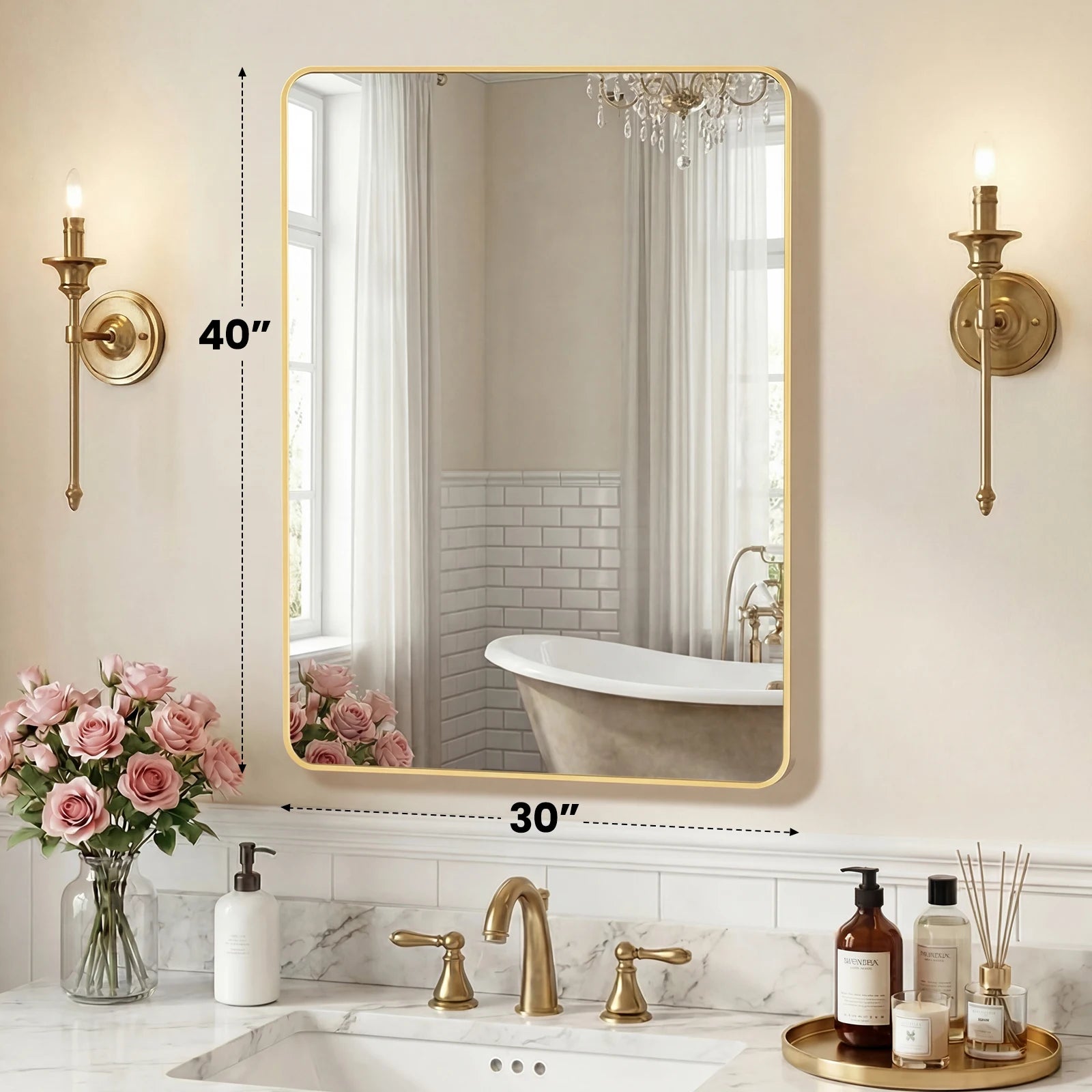 Rounded Rectangle Wall Mirror with Metal Frame, Tempered Glass
