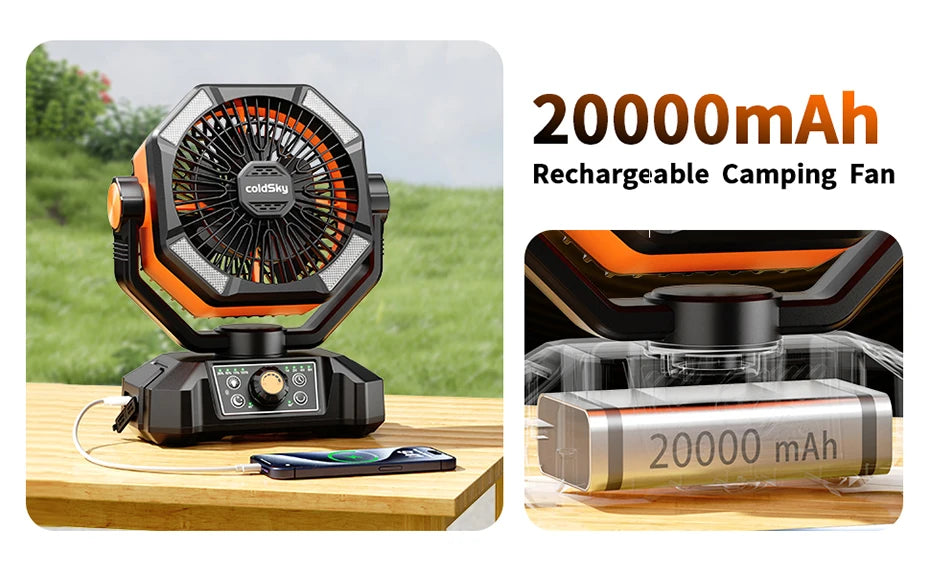 20000mAh Battery Camping Fan with 4 LED Lantern 8 Speeds Desk Fan Portable Outdoor Fan for Outdoor Camping Tent and Fishing