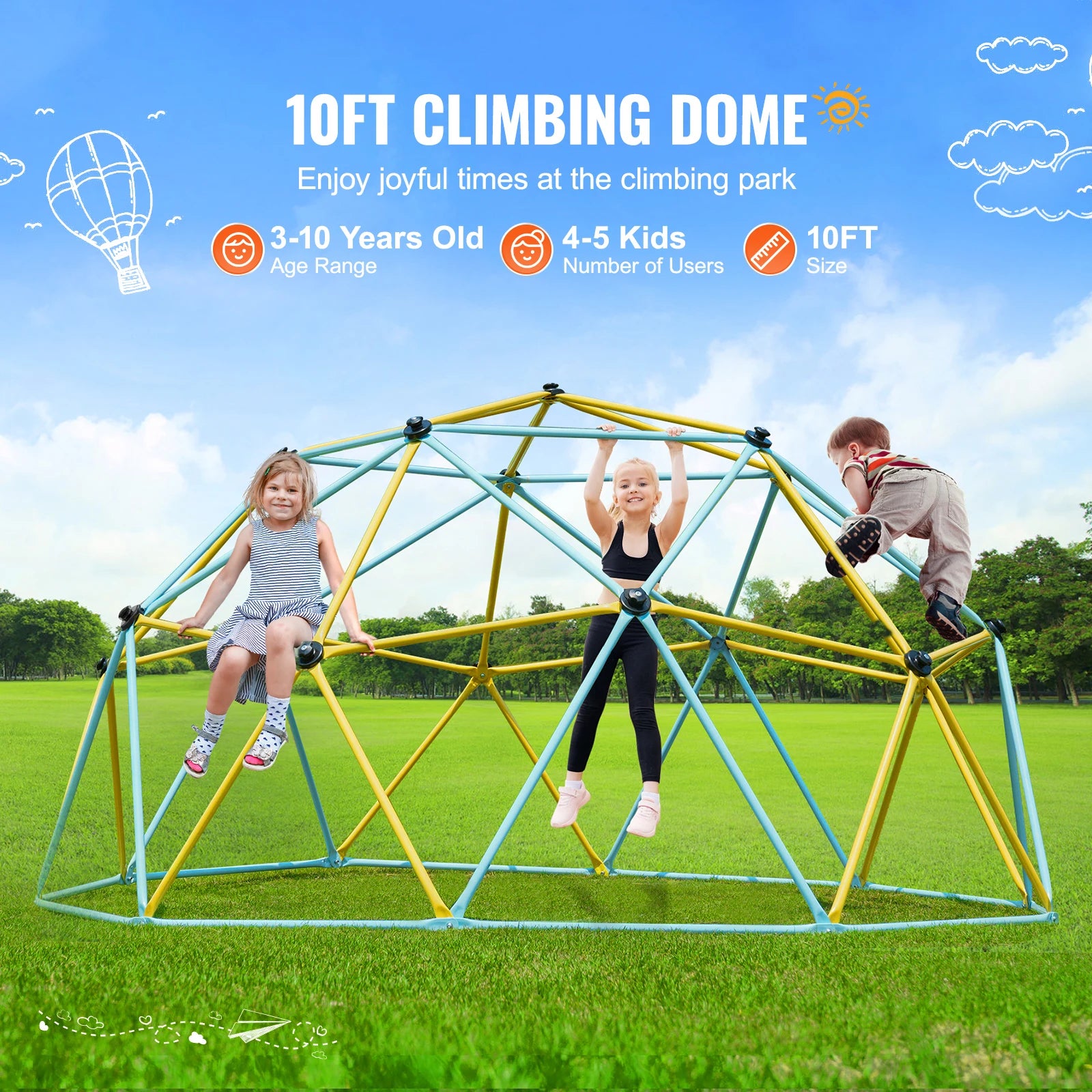 Kids Climbing Dome Jungle Gym with Swing & Hammock (6–12FT)
