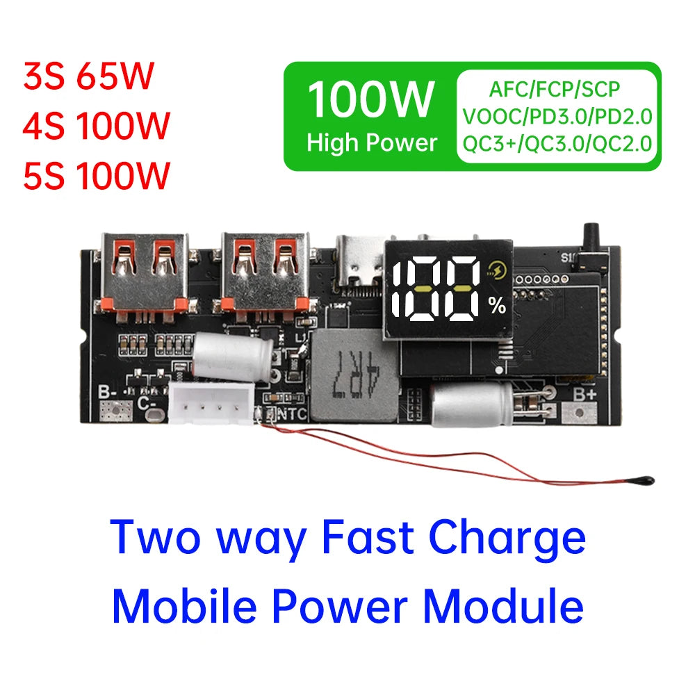 65/100W Power Bank 2‑5S Lithium Battery DIY Powerbank Board Bidirectional PD Fast Charge MPPT Solar Charging QC PD PPS VOOC UFCS