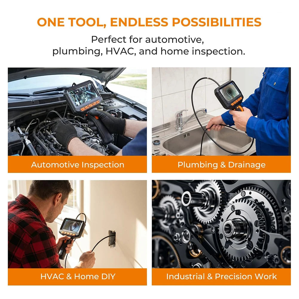 3.9mm 6mm Articulating Borescope with 4.3/5 Inch Screen 1080P HD LED Lights