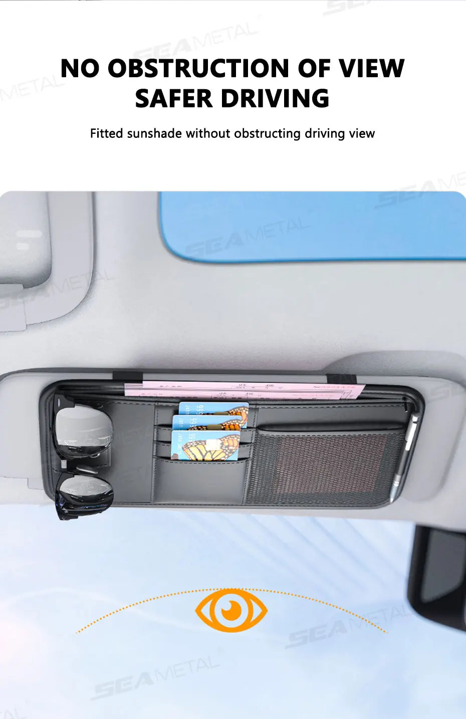 SEAMETAL 9 in 1 Sun Visor Organizer for Car PU Leather Zipper Storage Bag Net Pouch Auto Storage Pocket with Glasses/Card Holder