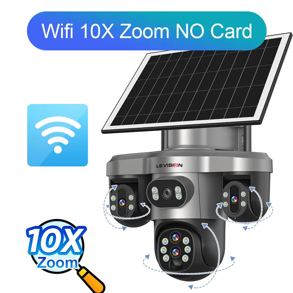 LS VISION 20MP 4 Lens Three Screen 4G Solar Camera Outdoor WiFi 10X Optical Zoom Auto Tracking Wifi Surveillance Camera V380 Pro