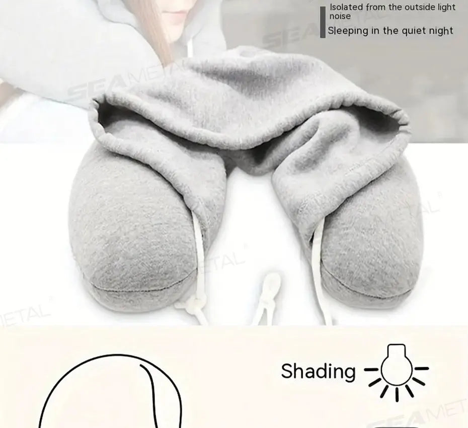 SEAMETAL Portable Neck Pillow for Long Travel U-Shape Neck Rest Pillow with Hood Privacy Protection Passenger Headrest Pillow